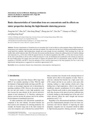 Basic Characteristics of Australian Iron Ore Concentrate and Its Effects on Sinter Properties During the High-Limonite Sintering Process