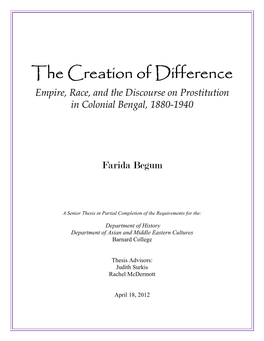 The Creation of Difference Empire, Race, and the Discourse on Prostitution in Colonial Bengal, 1880-1940