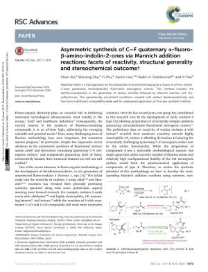 Asymmetric Synthesis of C–F Quaternary Α-Fluoro-Β-Amino-Indolin