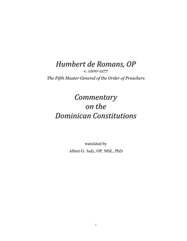 Humbert of Romans Commentary on the Dominican Constitutions