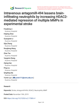 Intravenous Antagomir-494 Lessens Brain-Infiltrating Neutrophils By