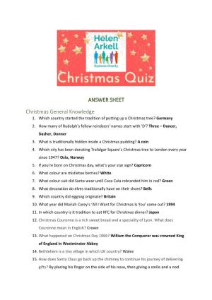 ANSWER SHEET Christmas General Knowledge