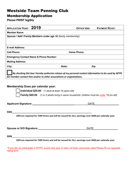 Westside Team Penning Club Membership Application Please PRINT Legibly