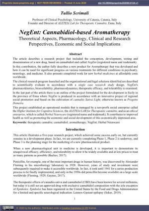Negent: Cannabidiol-Based Aromatherapy Theoretical Aspects, Pharmacology, Clinical and Research Perspectives, Economic and Social Implications