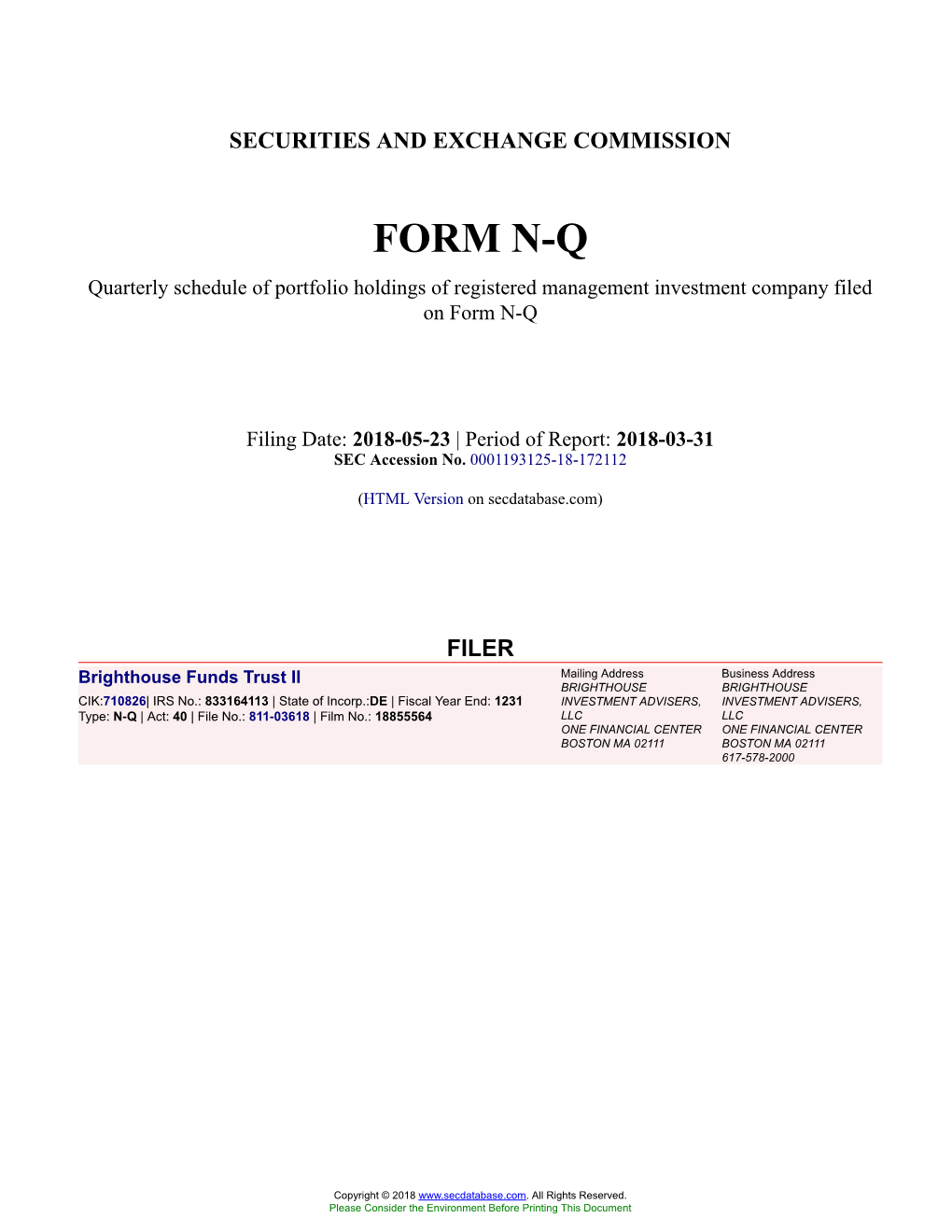 Brighthouse Funds Trust II Form N-Q Filed 2018-05-23