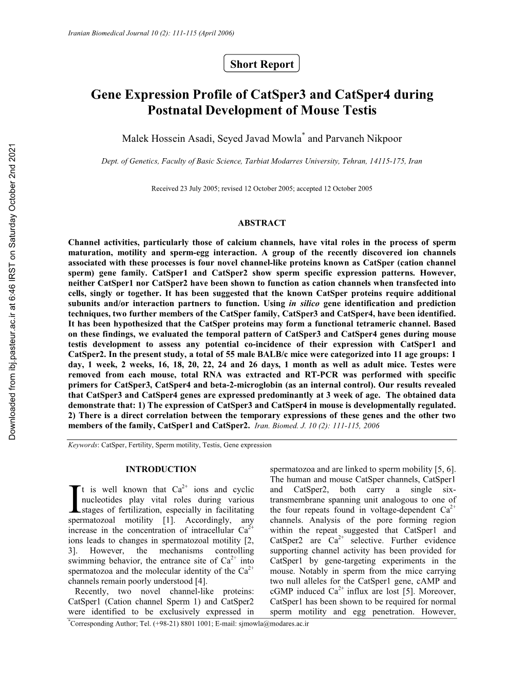 Gene Expression Profile of Catsper3 and Catsper4 During Postnatal Development of Mouse Testis