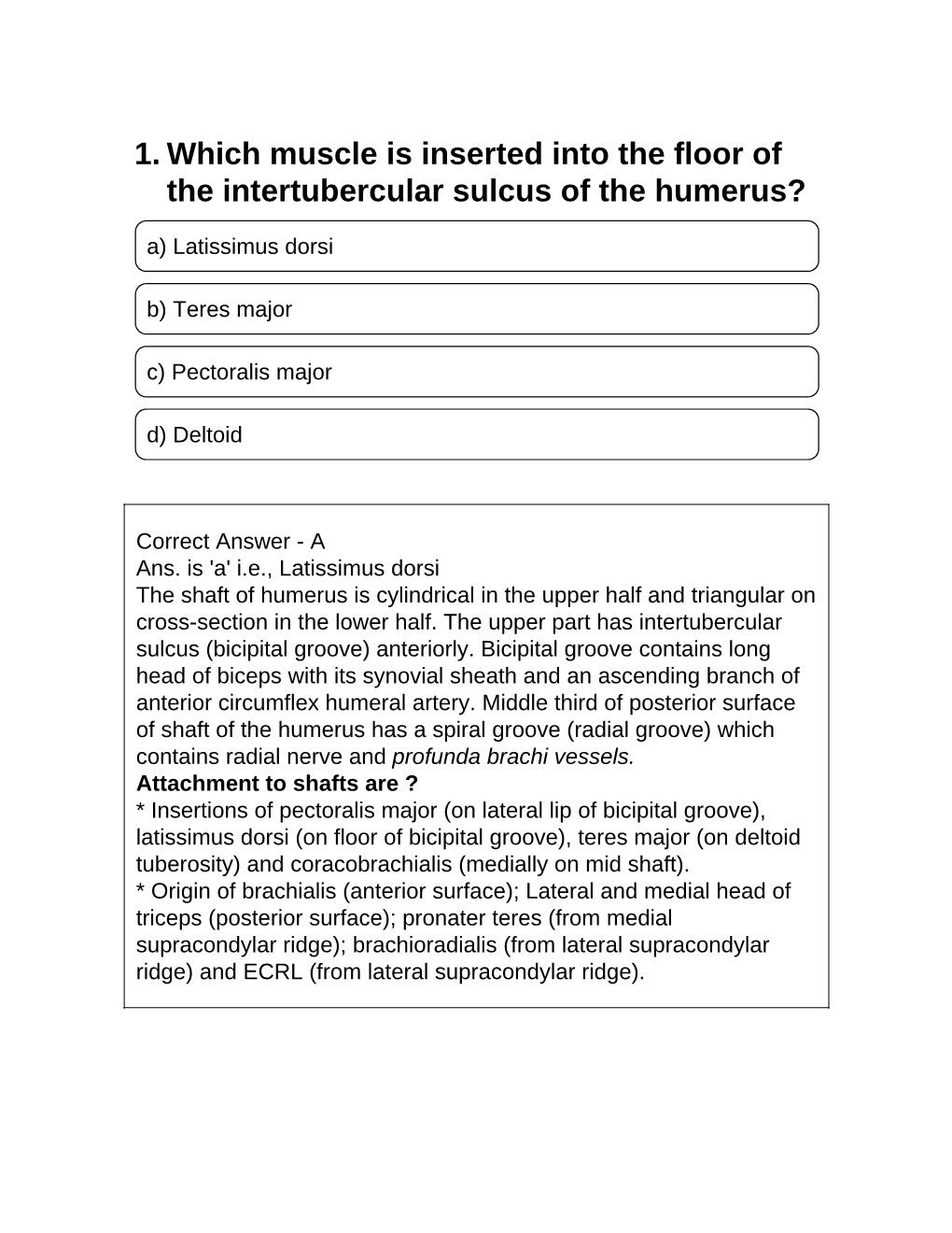 1. Which Muscle Is Inserted Into the Floor of the Intertubercular Sulcus of the Humerus?