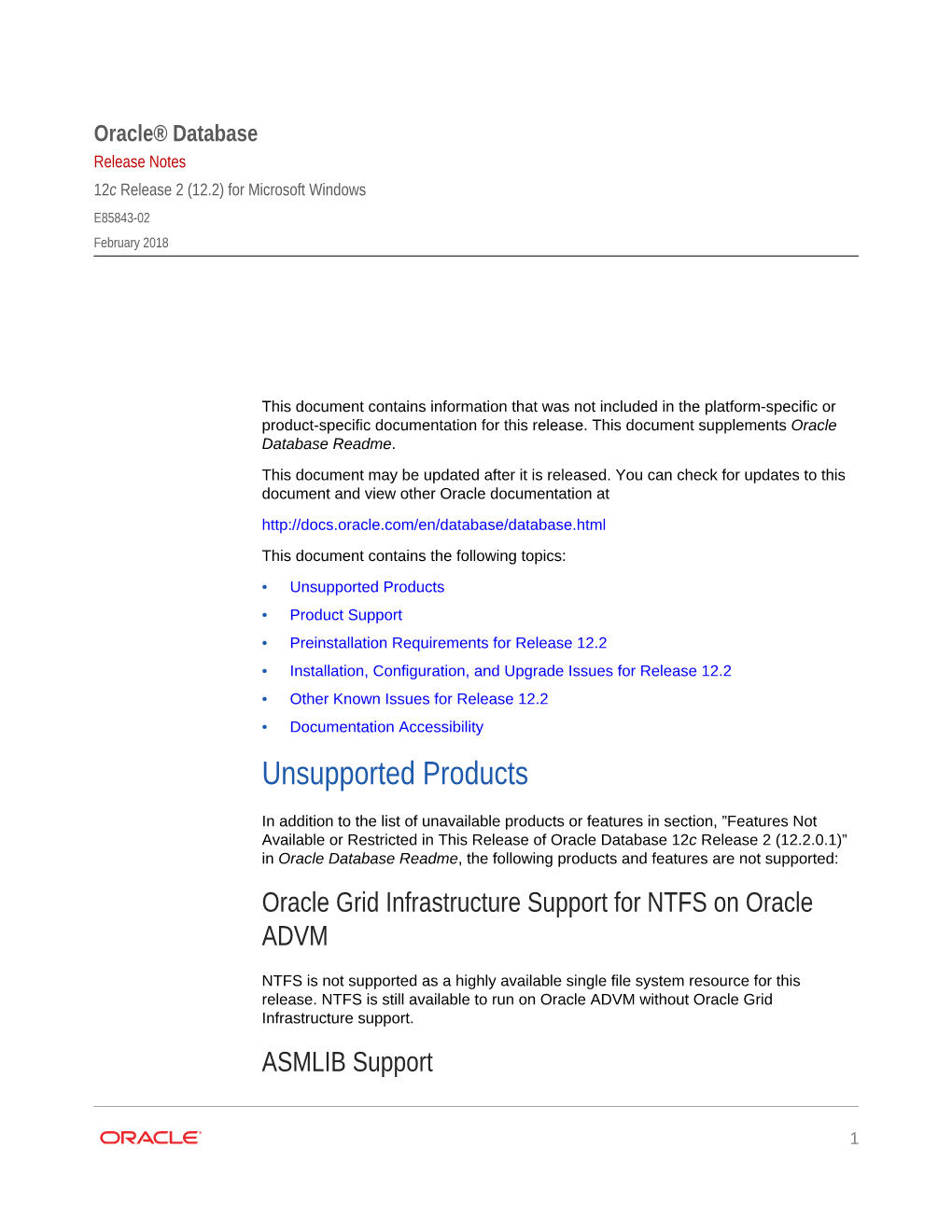 Release Notes 12C Release 2 (12.2) for Microsoft Windows E85843-02 February 2018