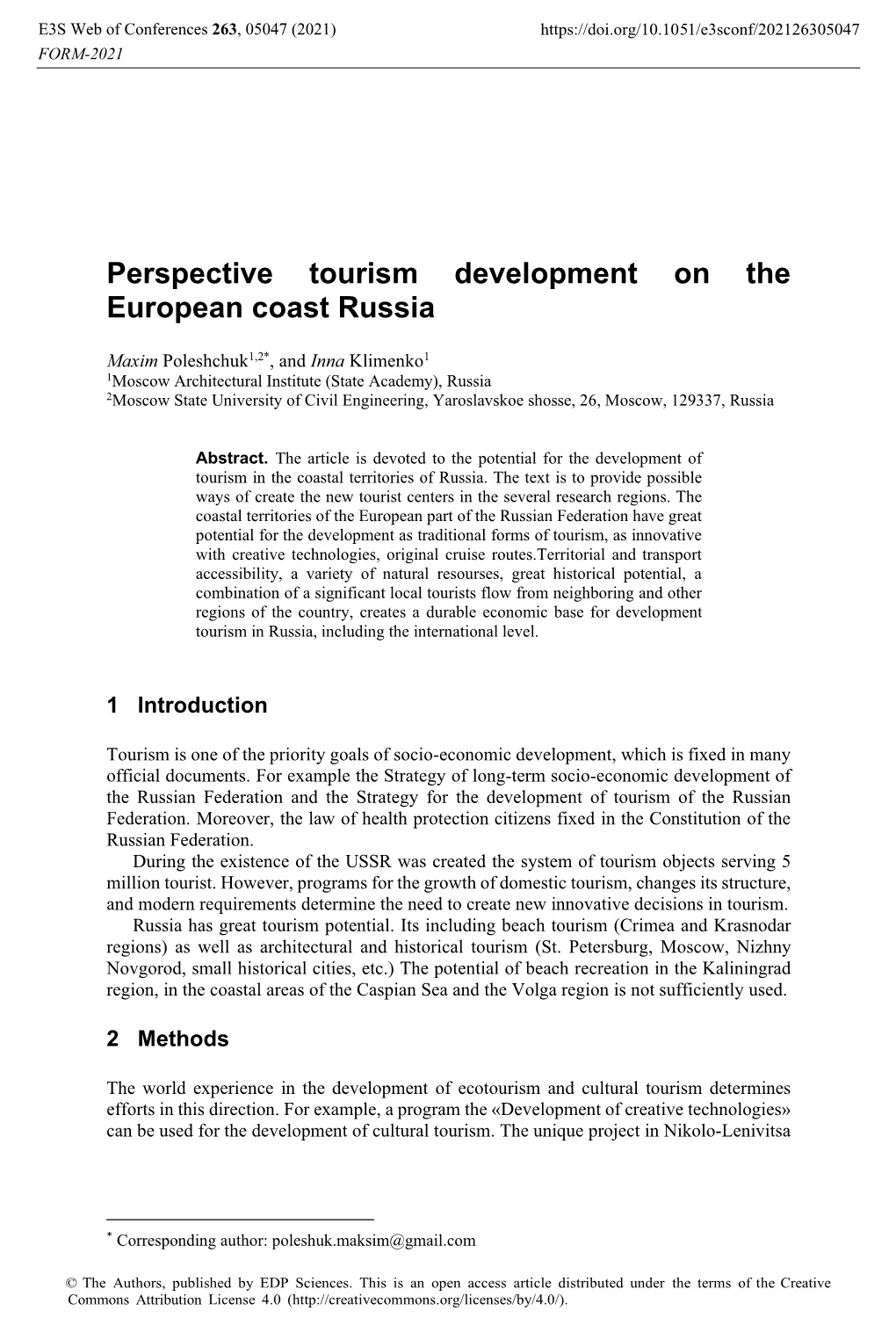 Perspective Tourism Development on the European Coast Russia