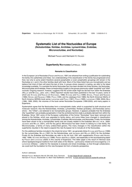 Systematic List of the Noctuoidea of Europe (Notodontidae, Nolidae, Arctiidae, Lymantriidae, Erebidae, Micronoctuidae, and Noctuidae)