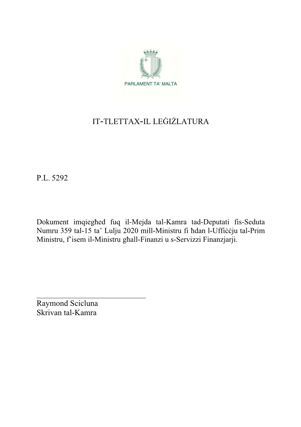 It-Tlettax-Il Leġiżlatura Pl 5292