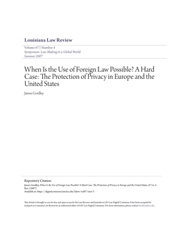 When Is the Use of Foreign Law Possible? a Hard Case: the Rp Otection of Privacy in Europe and the United States James Gordley