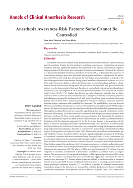 Anesthesia Awareness Risk Factors: Some Cannot Be Controlled