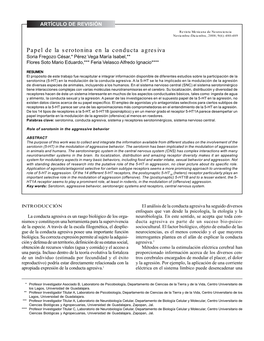 Papel De La Serotonina En La Conducta Agresiva Soria Fregozo César,* Pérez Vega María Isabel,** Flores Soto Mario Eduardo,*** Feria Velasco Alfredo Ignacio****