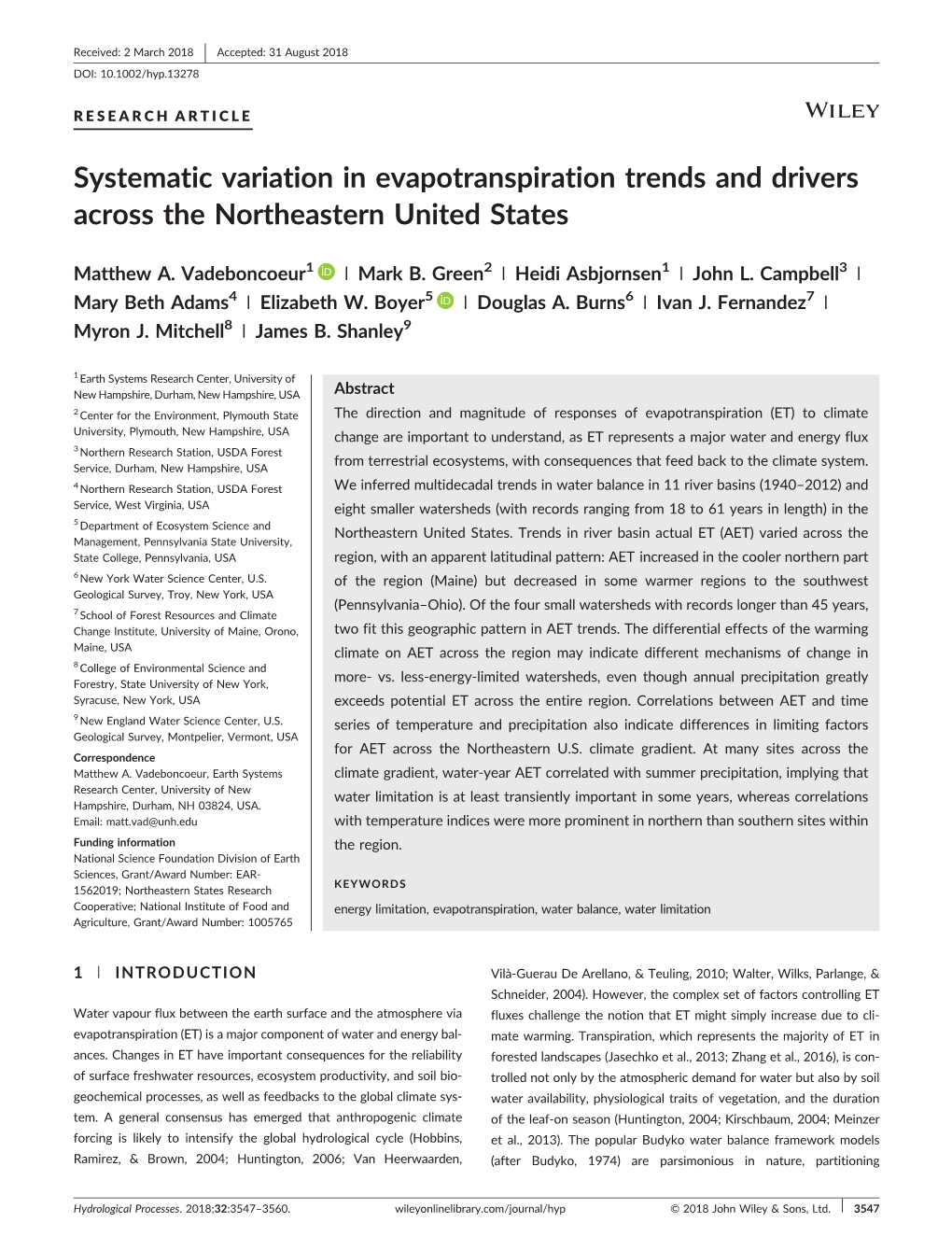 Systematic Variation in Evapotranspiration Trends and Drivers Across the Northeastern United States