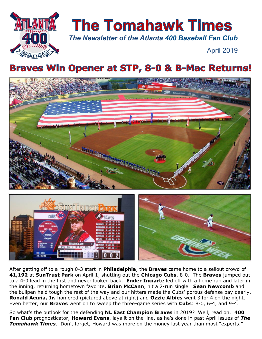 The Newsletter of the Atlanta 400 Baseball Fan Club April 2019
