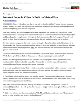 Internet Boom in China Is Built on Virtual Fun - New York Times 02/05/2007 06:02 AM
