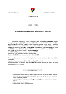 VERBAL De La Séance Ordinaire Du Conseil Municipal Du 22 Juillet 2014