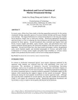 Broodstock and Larval Nutrition of Marine Ornamental Shrimp