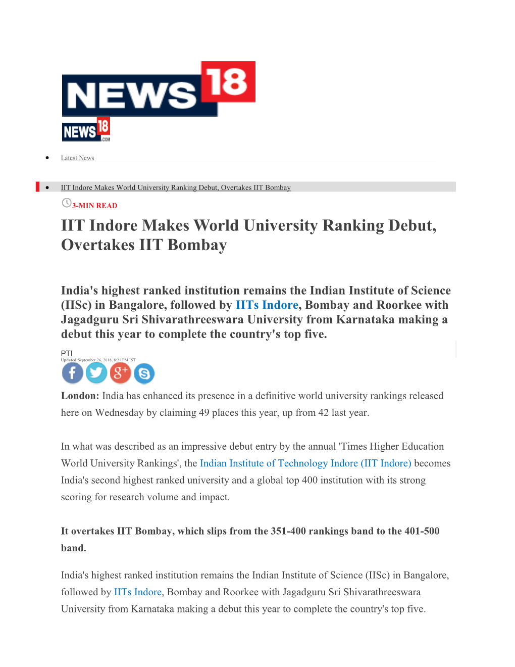 IIT Indore Makes World University Ranking Debut, Overtakes IIT Bombay