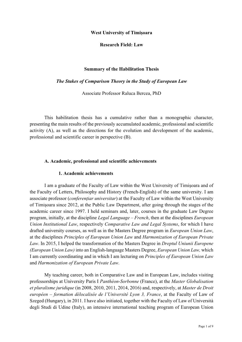 Law Summary of the Habilitation Thesis the Stakes of Comparison