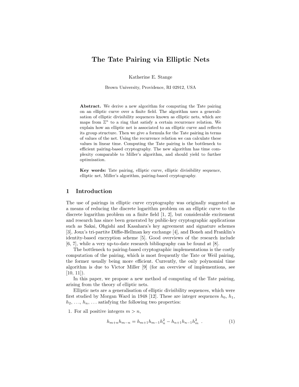 The Tate Pairing Via Elliptic Nets