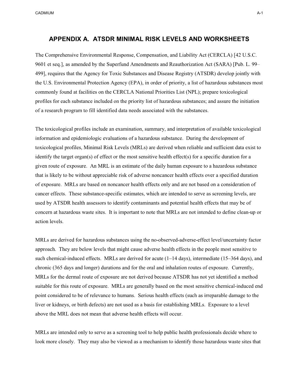 Toxicological Profile for Cadmium