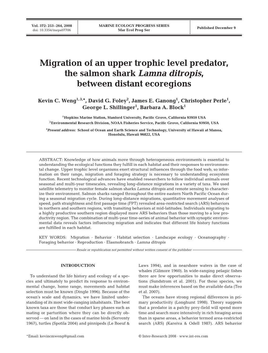 Migration of an Upper Trophic Level Predator, the Salmon Shark Lamna Ditropis, Between Distant Ecoregions