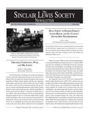 Sinclair Lewis Society Newsletter VOLUME TWENTY-ONE, NUMBER ONE FALL 2012