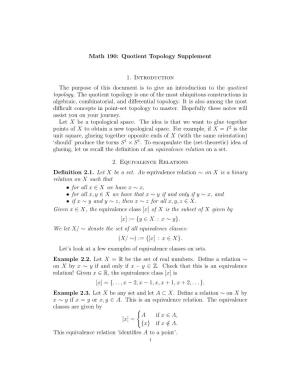 Math 190: Quotient Topology Supplement 1. Introduction the Purpose of This Document Is to Give an Introduction to the Quotient T