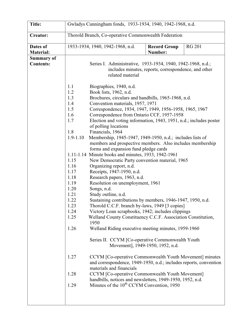 Gwladys Cunningham Fonds, 1933-1934, 1940, 1942-1968, N.D