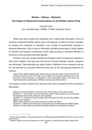 Histories the Impact of Historical Constructions on the British Labour Party
