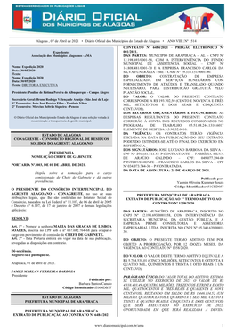 Alagoas , 07 De Abril De 2021 • Diário Oficial Dos Municípios Do Estado De Alagoas • ANO VIII | Nº 1514