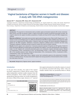Vaginal Bacteriome of Nigerian Women in Health and Disease: a Study with 16S Rrna Metagenomics