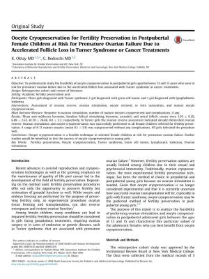 Oocyte Cryopreservation for Fertility Preservation in Postpubertal Female Children at Risk for Premature Ovarian Failure Due To