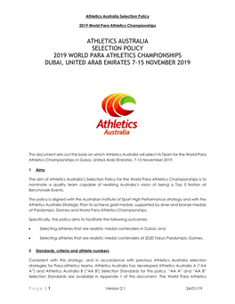 Athletics Australia Selection Policy 2019 World Para Athletics Championships Dubai, United Arab Emirates 7-15 November 2019