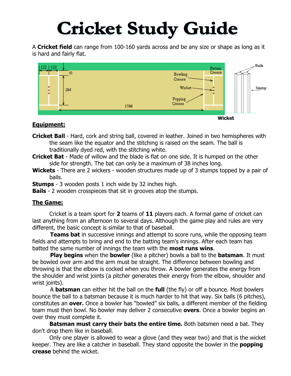 A Cricket Field Can Range from 100-160 Yards Across and Be Any Size Or Shape As Long As It Is Hard and Fairly Flat. Equipment