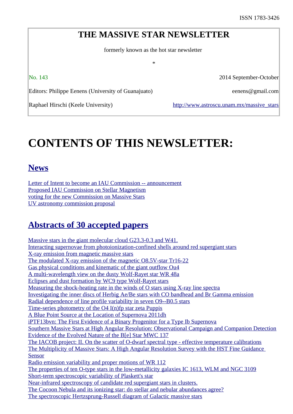 Newsletter 143 of Working Group on Massive Star