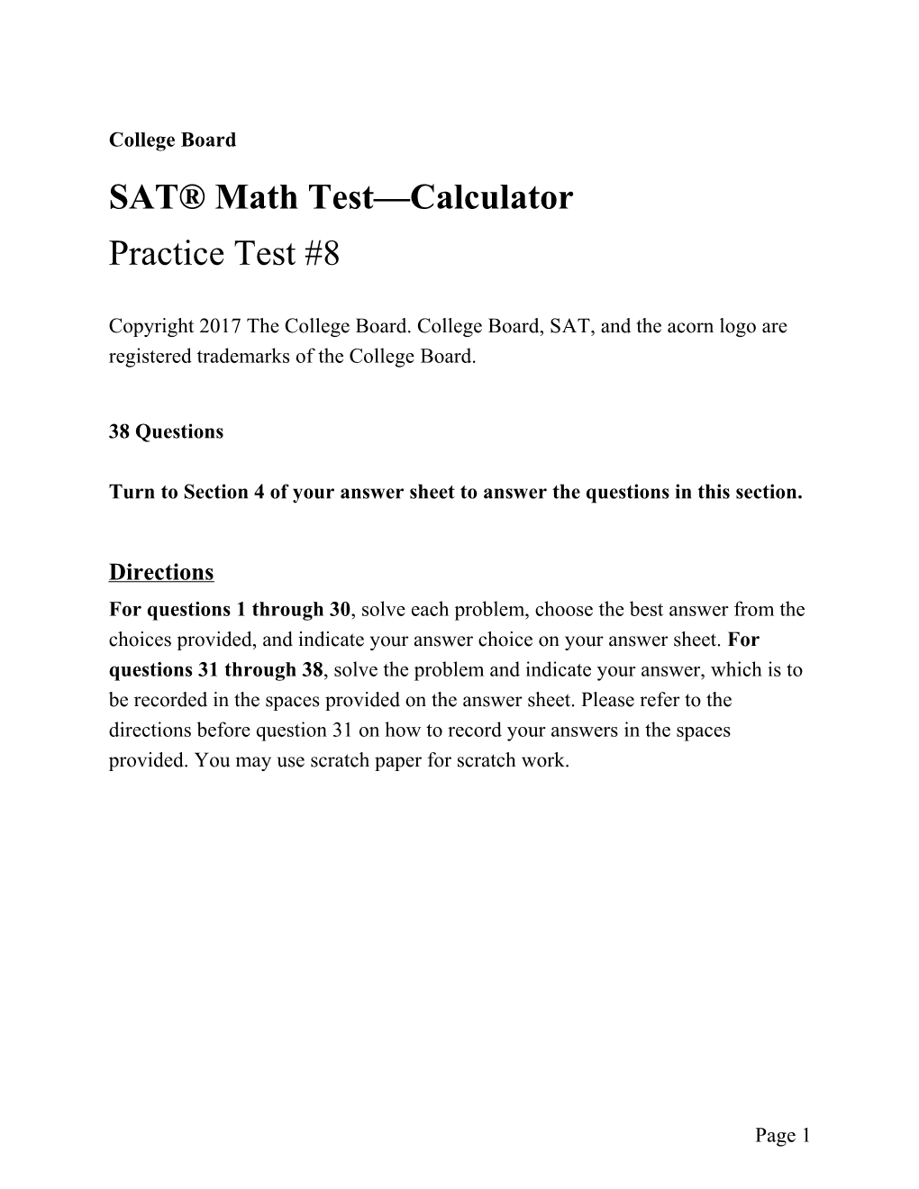 SAT Practice Test 8 For Assistive Technology – Math Test, Calculator | SAT Suite Of Assessments – The College Board