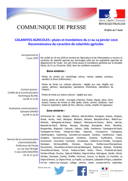 CALAMITES AGRICOLES : Pluies Et Inondations Du 21 Au 24 Janvier 2020 Reconnaissance Du Caractère De Calamités Agricoles