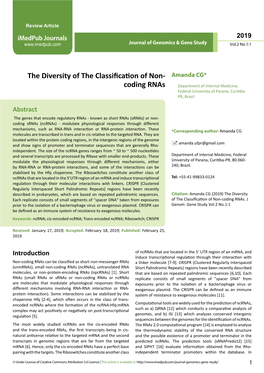 The Diversity of the Classification of Non-Coding Rnas