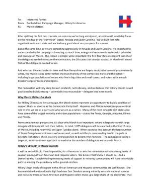 Robby Mook, Campaign Manager, Hillary for America RE: March Matters