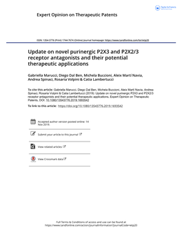 Update on Novel Purinergic P2X3 and P2X2/3 Receptor Antagonists and Their Potential Therapeutic Applications