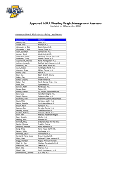 Approved IHSAA Wrestling Weight Management Assessors (Updated on 29 September 2008)
