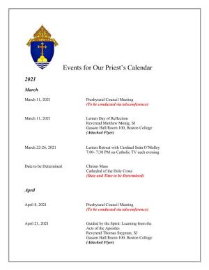Events for Our Priest's Calendar