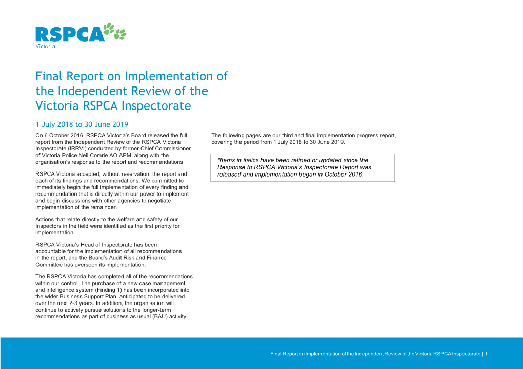 Final Report on Implementation of the Independent Review of the Victoria RSPCA Inspectorate