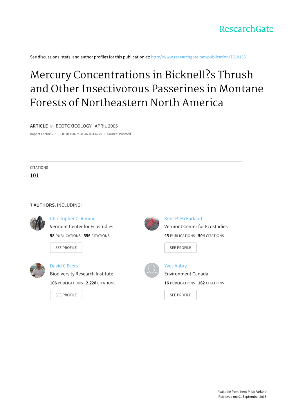 Mercury Concentrations in Bicknell's Thrush and Other Insectivorous Passerines in Montane Forests of Northeastern North America