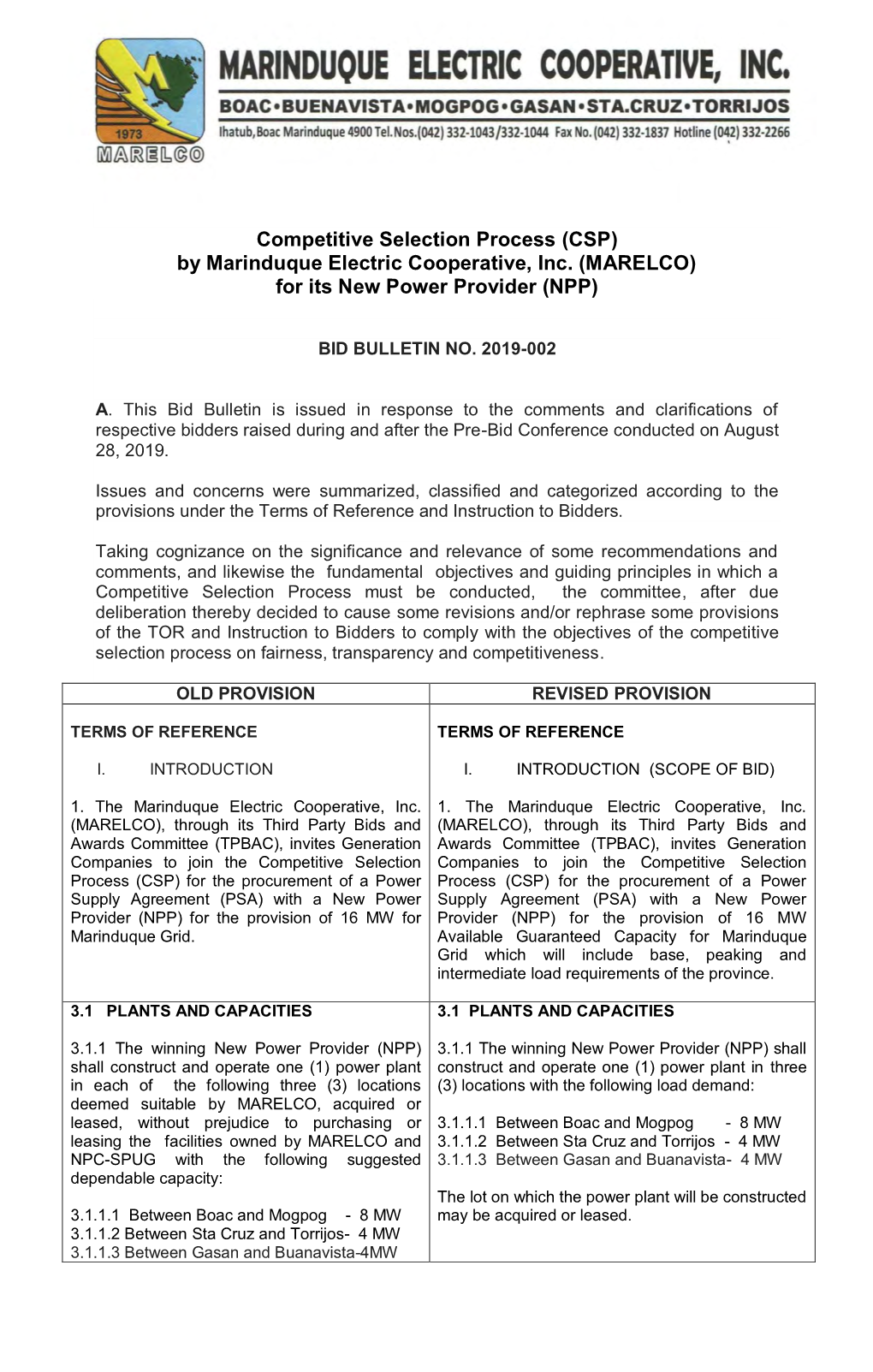 Competitive Selection Process (CSP) by Marinduque Electric Cooperative, Inc. (MARELCO) for Its New Power Provider (NPP)