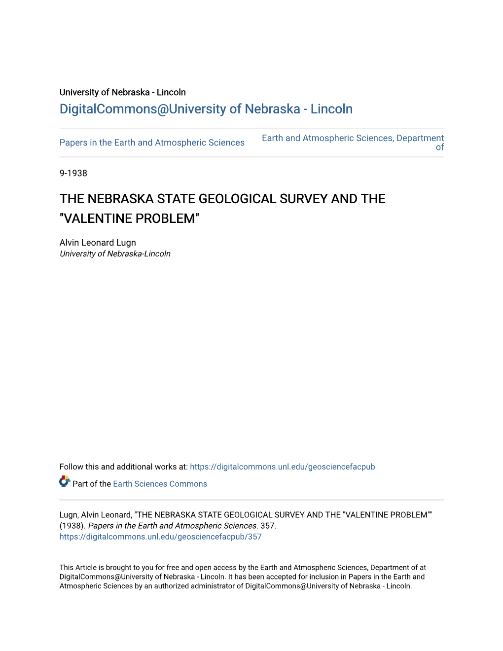 The Nebraska State Geological Survey and the "Valentine Problem"