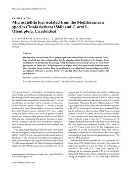 Microsatellite Loci Isolated from the Mediterranean Species Cicada Barbara (Stål) and C